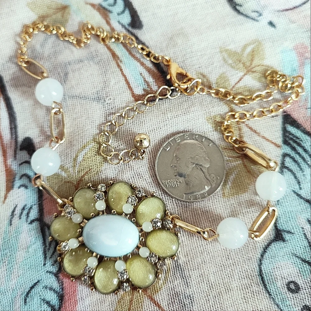 Pastel Mint Light Green Blue Rhinestone Creamy Opaque Vintage Necklace Gold Tone